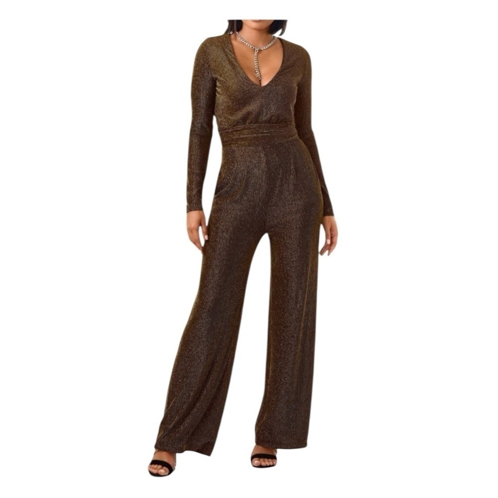 Boston Proper Metallic Glitter V-Neck Long Sleeve Wide Leg Jumpsuit. Size Small.